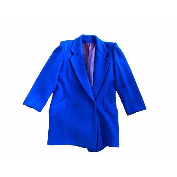 Vintage Womens Coat Royal Blue Wool Mid Length 12 Double Breasted 1980s
